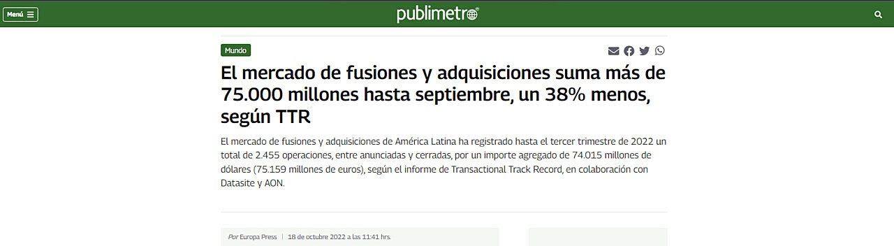 El mercado de fusiones y adquisiciones suma ms de 75.000 millones hasta septiembre, un 38% menos, segn TTR